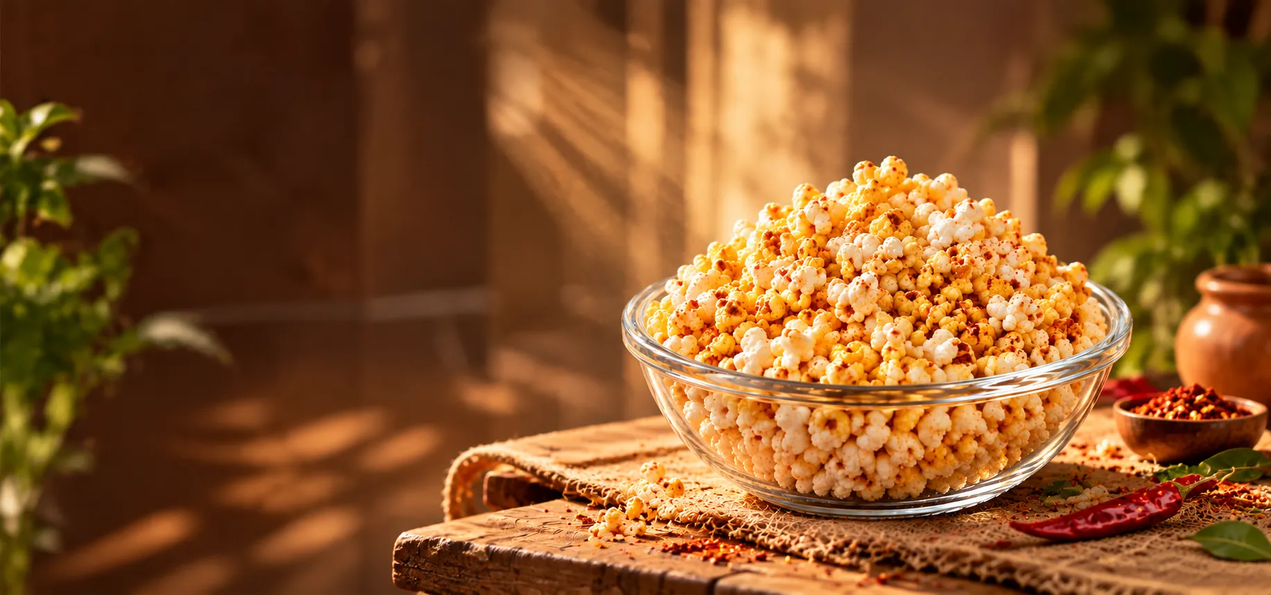 Spiced Pop Jowar heaped in a glass bowl on a rustic table in warm sunlight