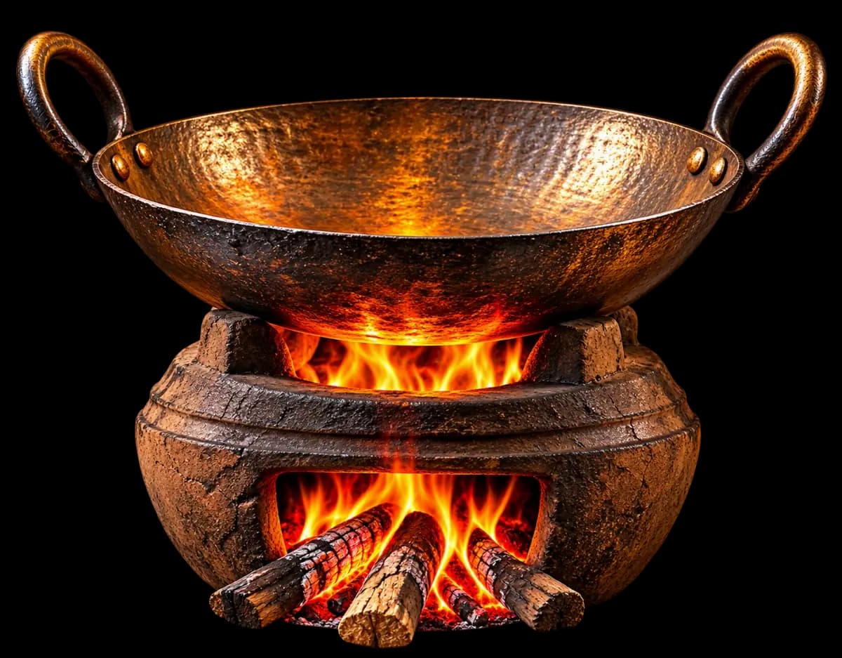 Copper kadayi on a clay stove with a wood fire burning below